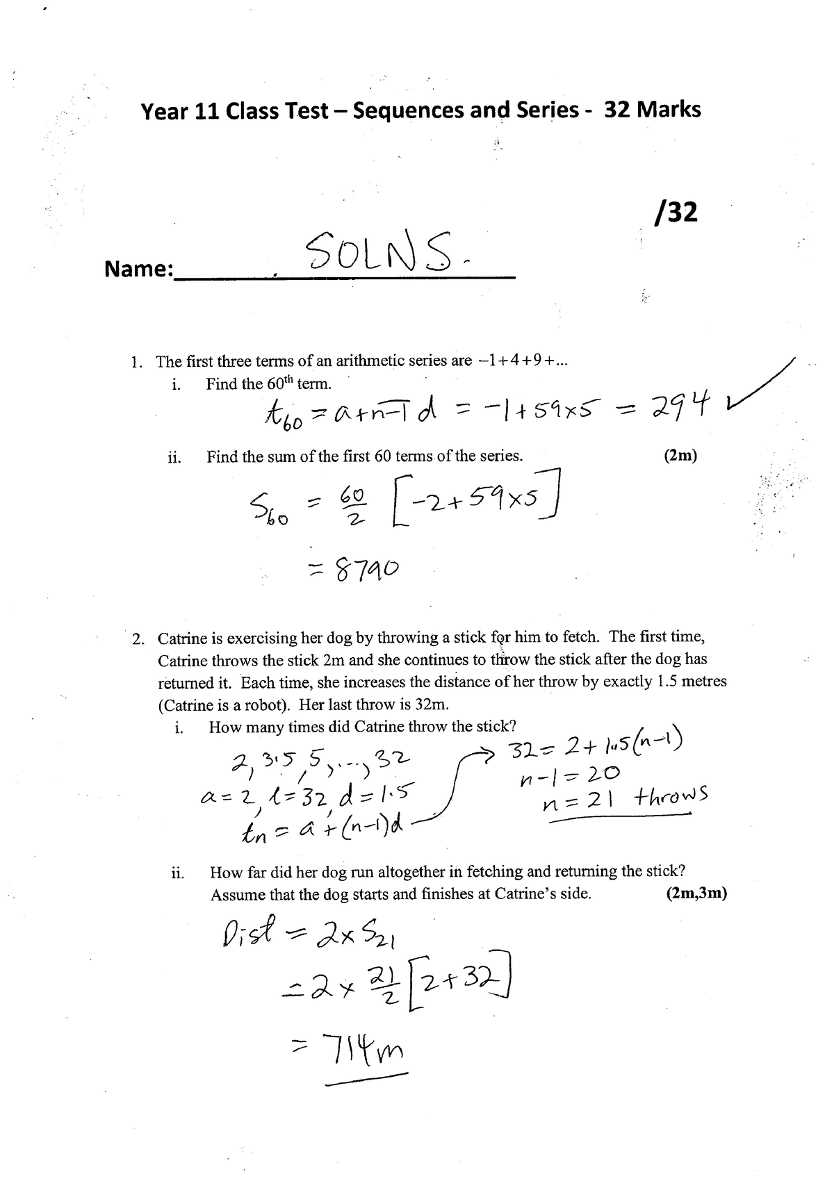 Sequences And Series Class Test Solutions 2021 - Studocu