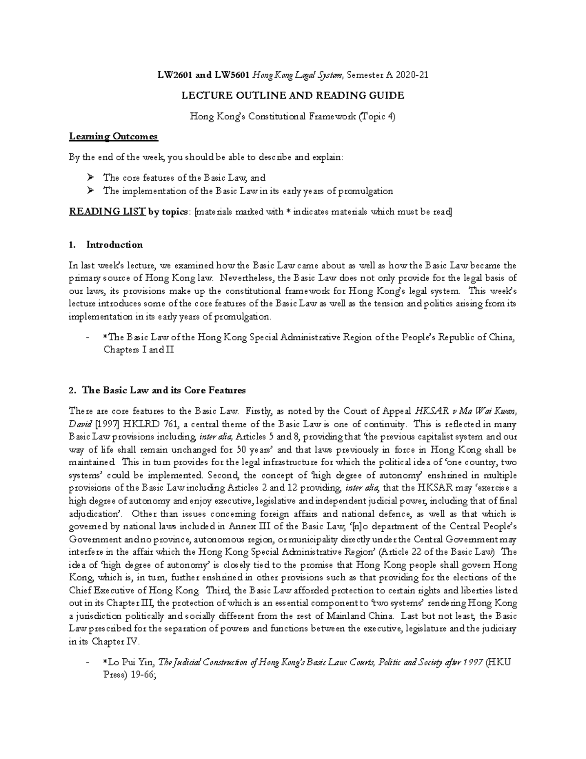 Reading Guide for Topic 4 Hong Kong's Constitutional Framework - LW2601 ...