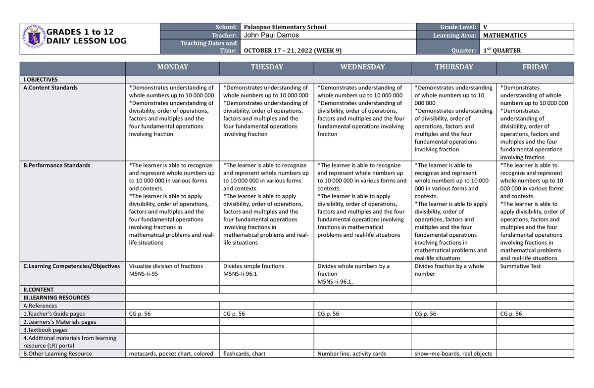 DLL Mathematics 5 Q1 W9 - GRADES 1 to 12 DAILY LESSON LOG School ...