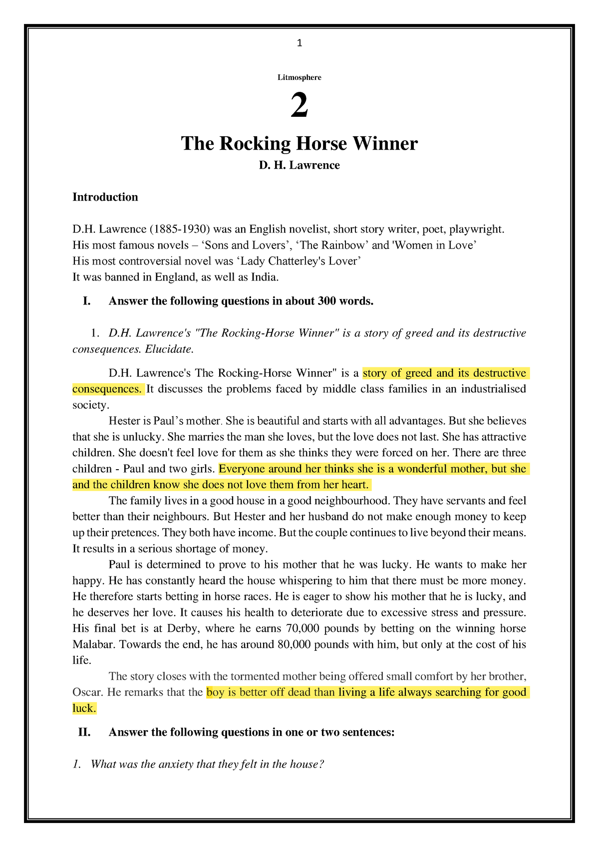 the rocking horse winner symbolism essay