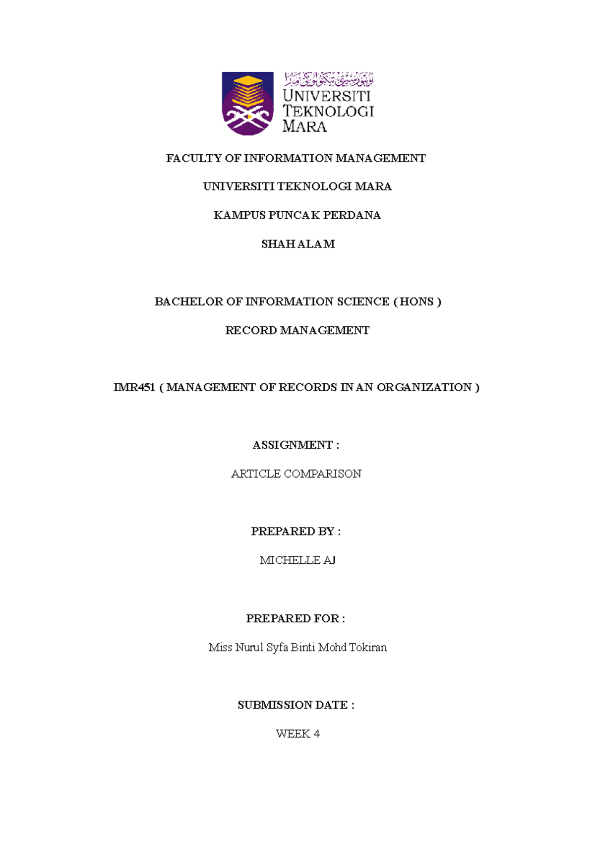 Article comparison imr 451 uitm puncak perdana 2022 - FACULTY OF ...