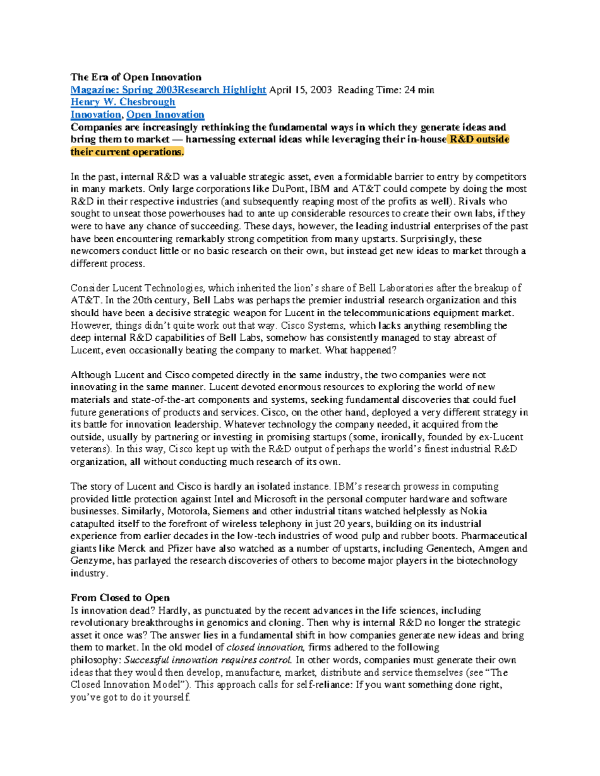 Chesborough 2003 The Era of Open Innovation The Era of Open