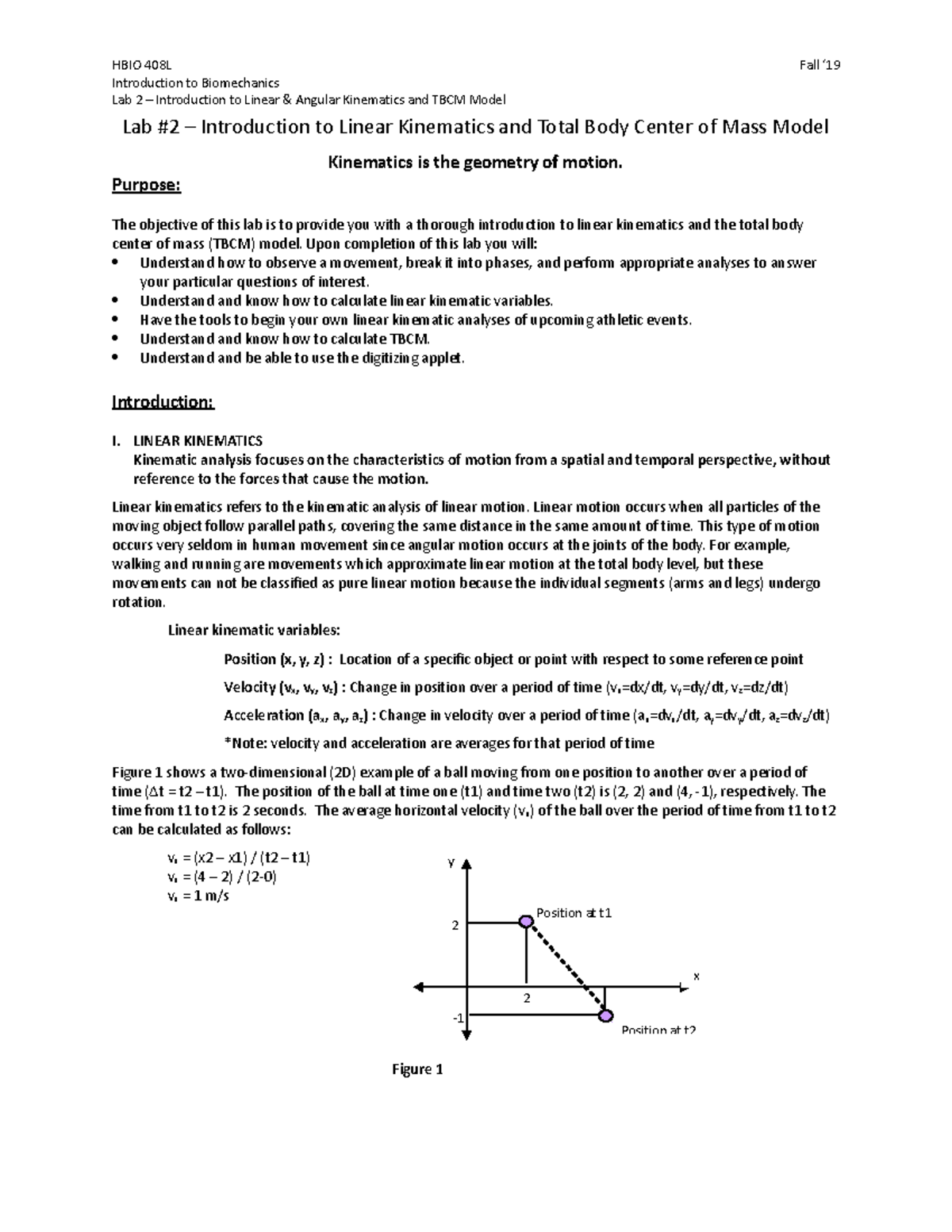 408 Lab 2 Linear Kinematics F191 - Introduction To Biomechanics Lab 2 ...