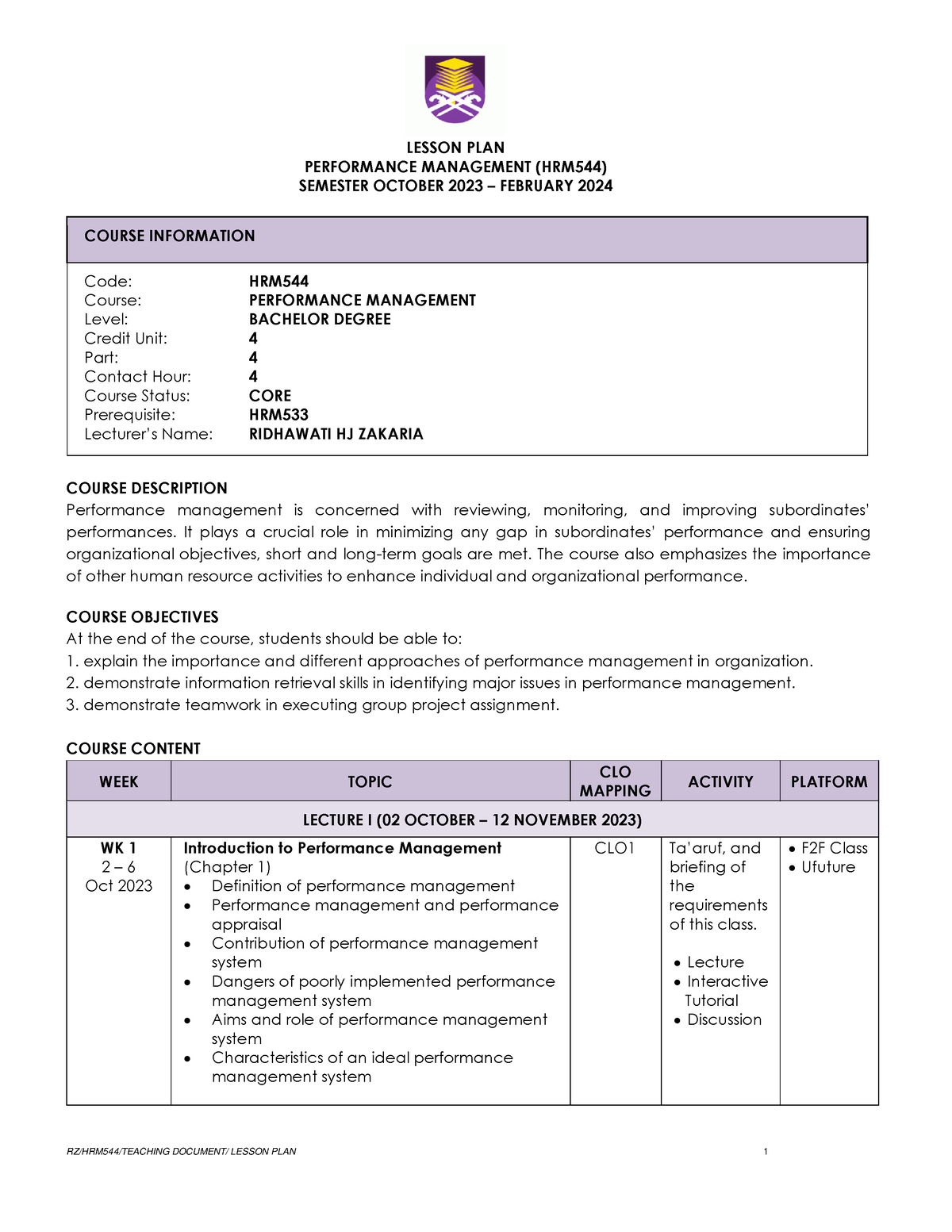 20234 HRM544 Lesson PLAN - LESSON PLAN PERFORMANCE MANAGEMENT (HRM544 ...