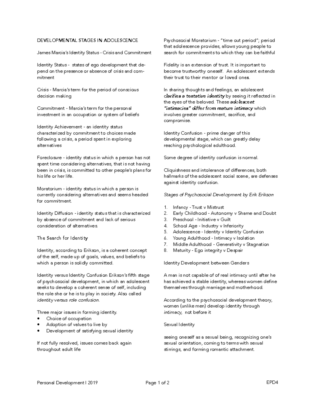 Pd 3 Handout - Lecture Notes 3 - Developmental Stages In Adolescence 