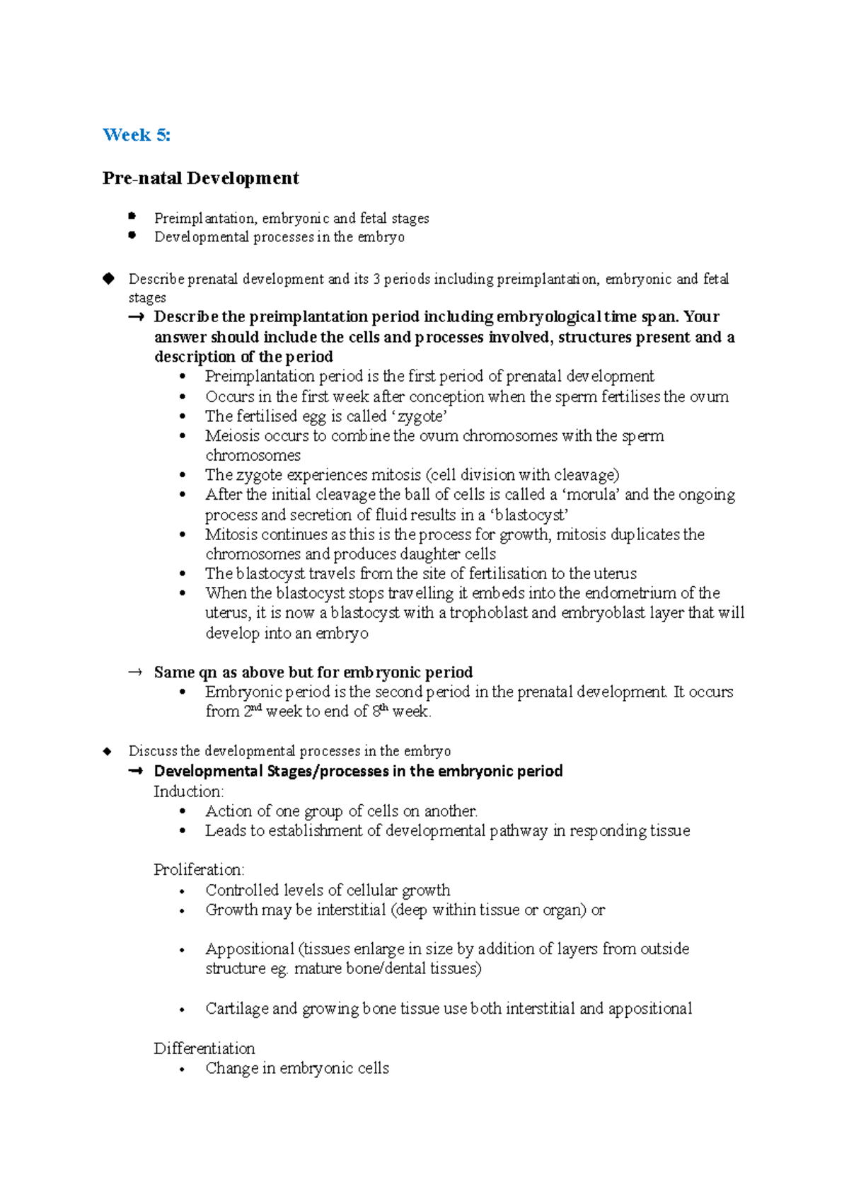 Week 5 - Lecture notes 1 - Week 5: Pre-natal Development ...