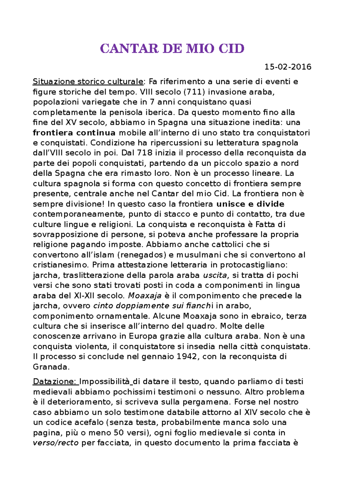 Appunti sul Cantar de Mio Cid CANTAR DE MIO CID 15022016 Situazione storico culturale Fa