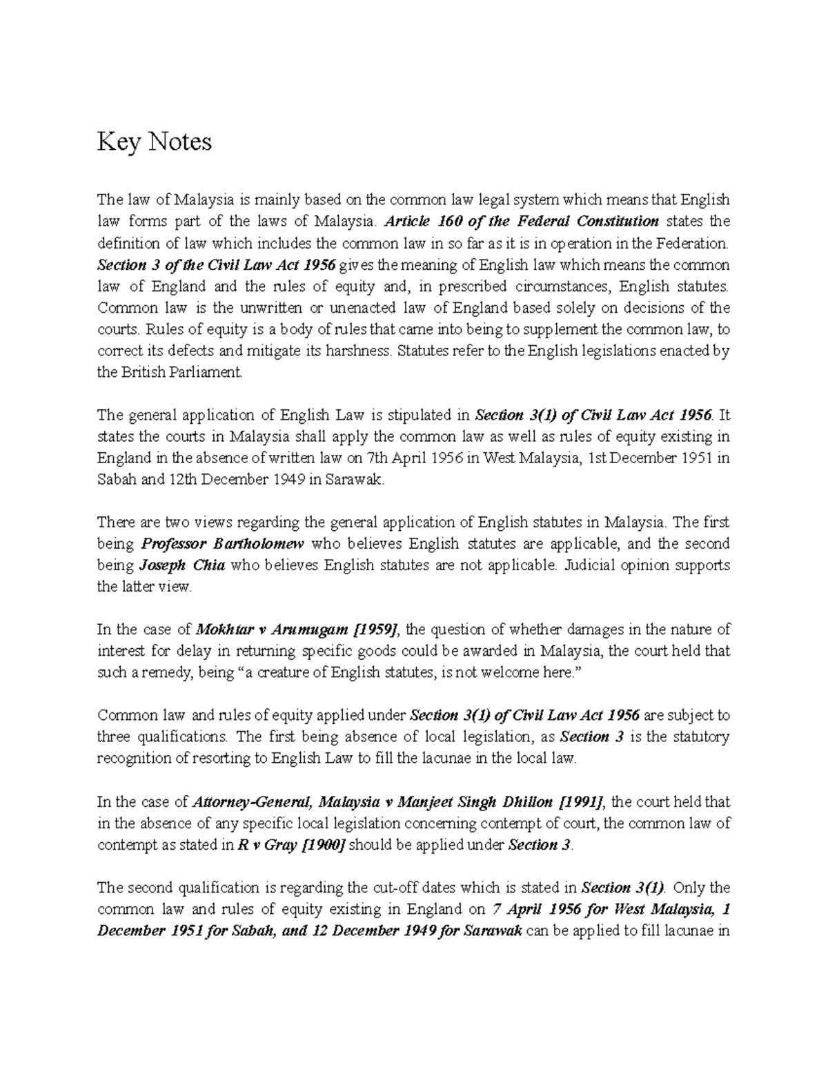Key Notes - Summary English Law - Key Notes The law of Malaysia is ...