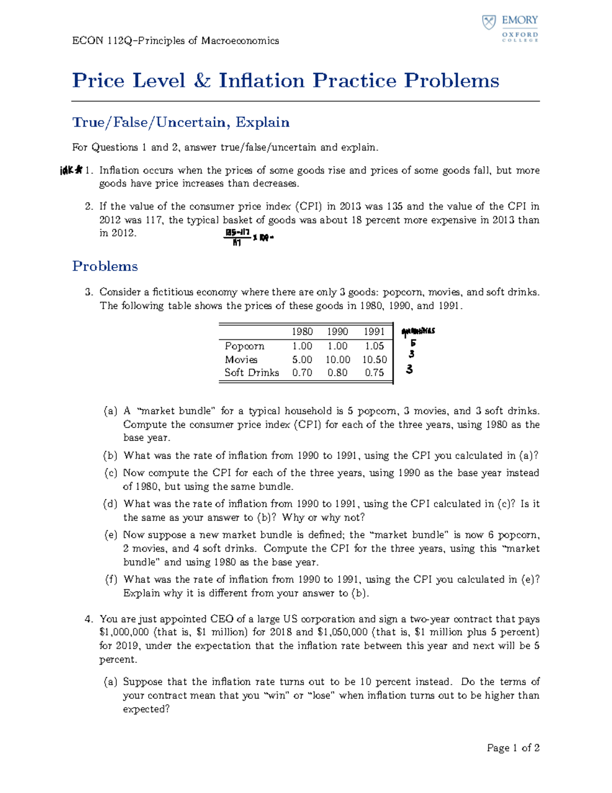 Prices Practice Problems - Price Level & Inflation Practice Problems ...