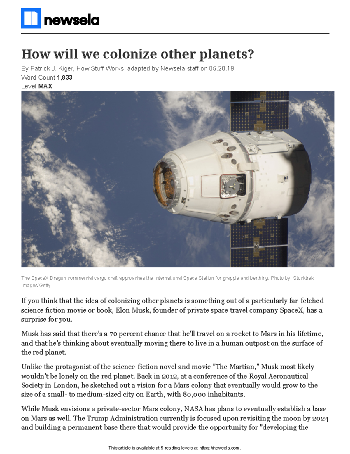 How Will We Colonize Other Newsela and Quiz How will we