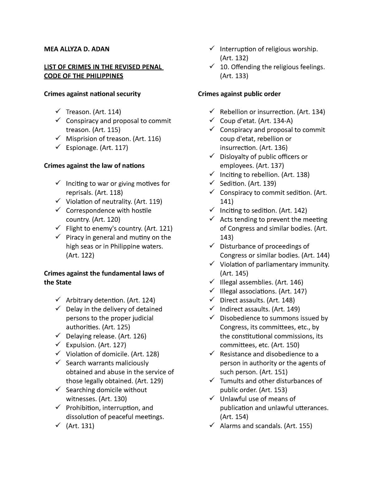 LIST OF Crimes List Of Crime In The RPC MEA ALLYZA D ADAN LIST OF 