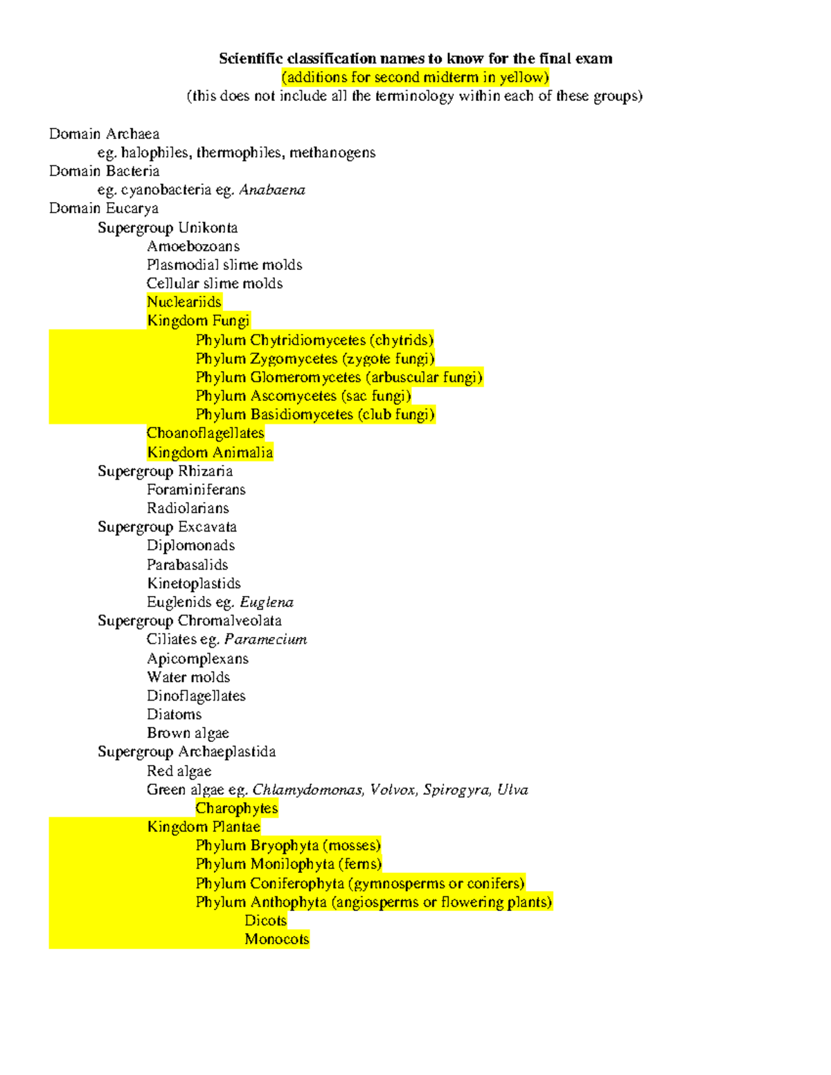 Scientific Classification Names To Know For Midterm Biol U Of M Studocu