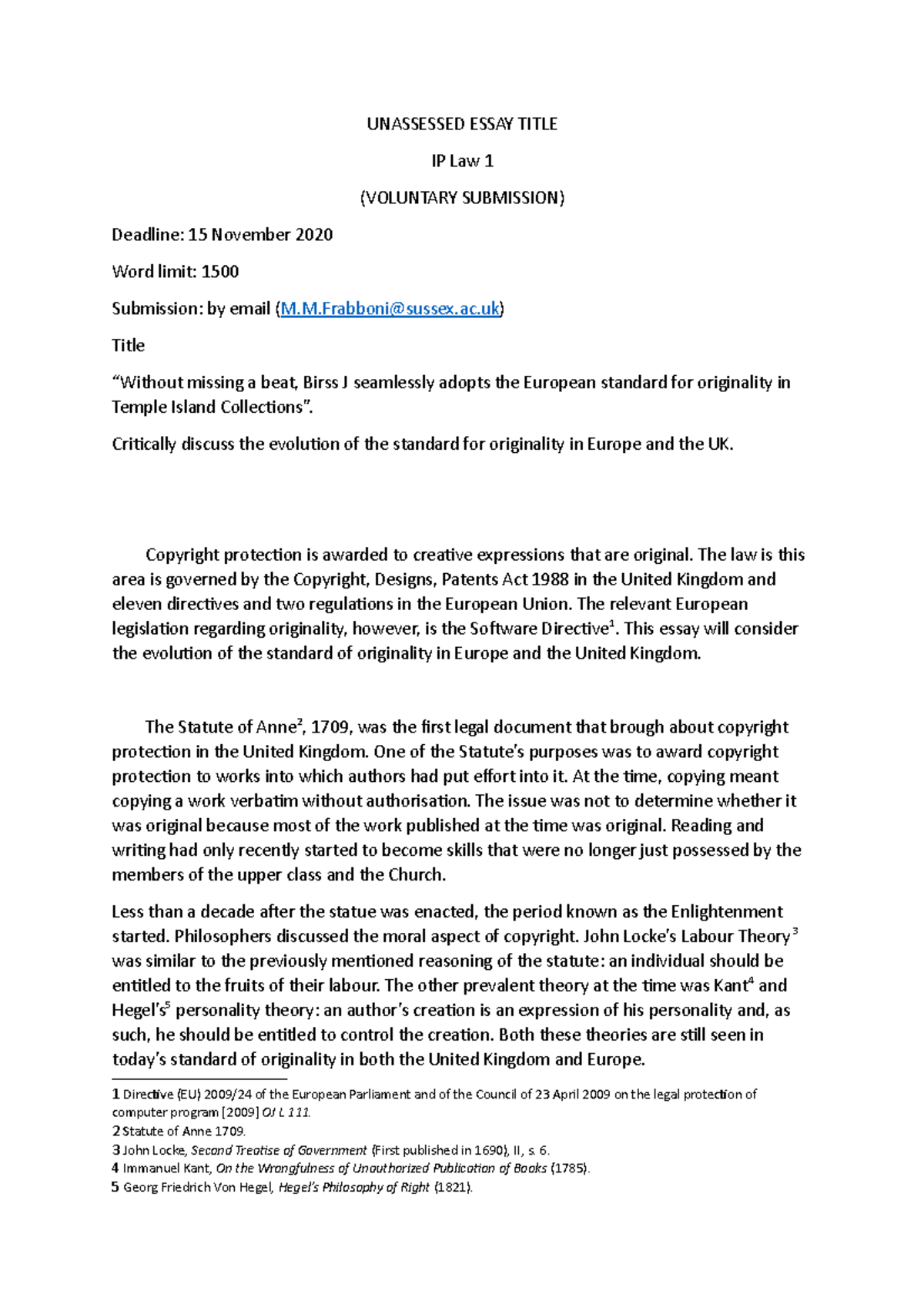Formative Assessment - AD - 1 - UNASSESSED ESSAY TITLE IP Law 1 ...