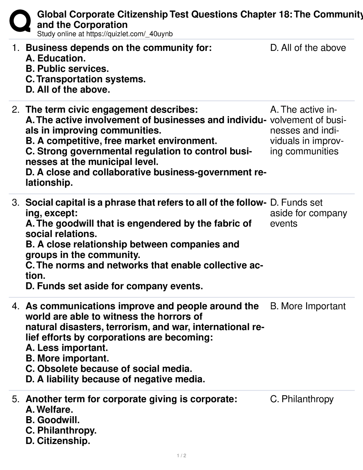 Global Corporate Citizenship Test Questions Chapter 18 The Community