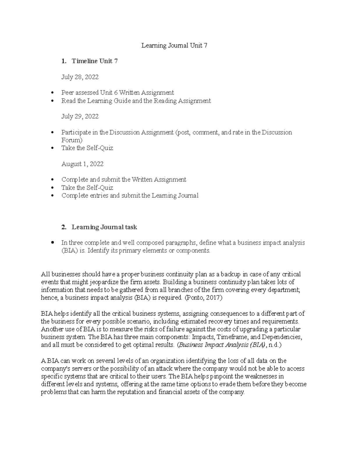 BUS2202 Learning Journal Unit 7 - Learning Journal Unit 7 Timeline Unit ...