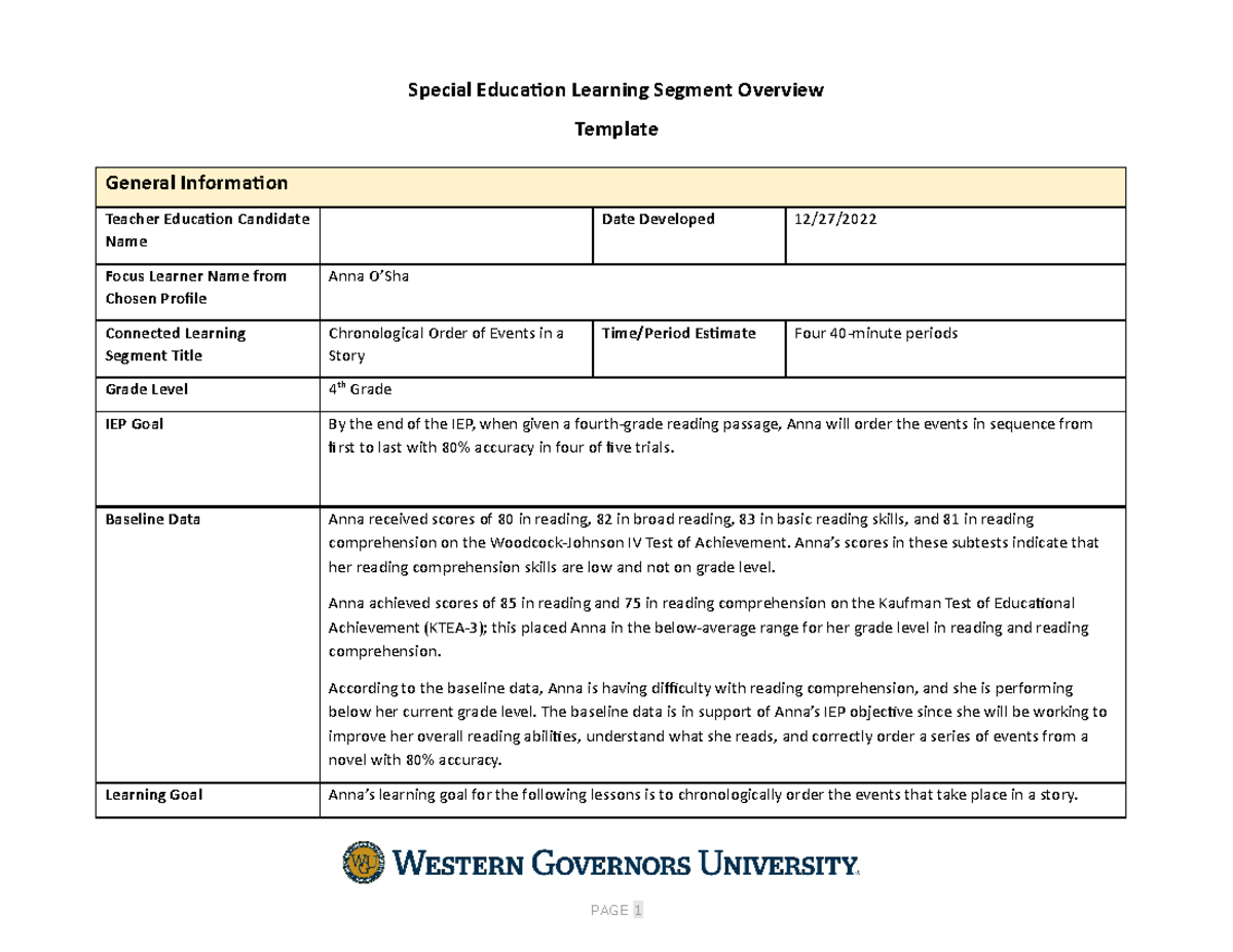 Task 2D006 Task 2 Special Education Learning Segment Overview