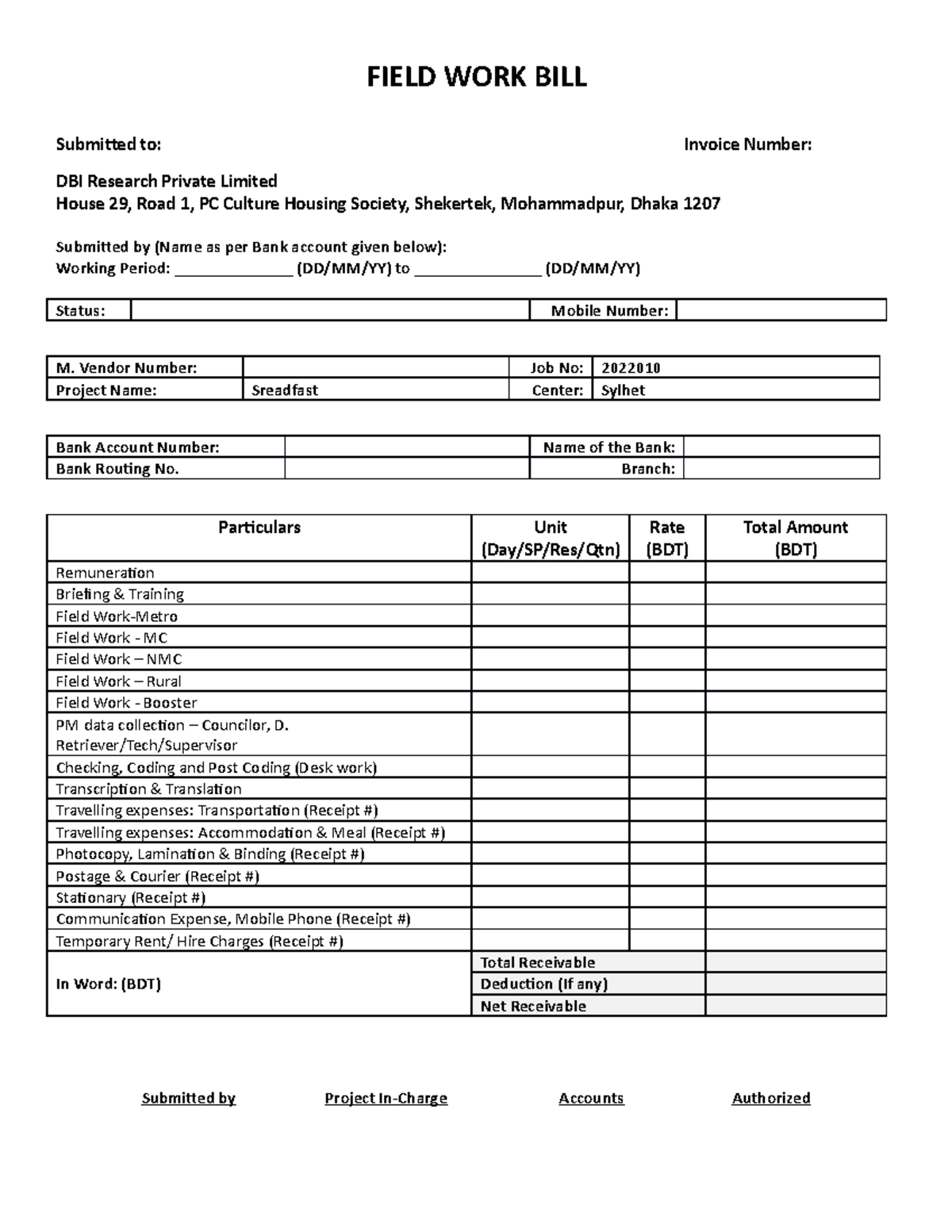 Field WORK BILL - About MKT Reserach - FIELD WORK BILL Submitted to ...