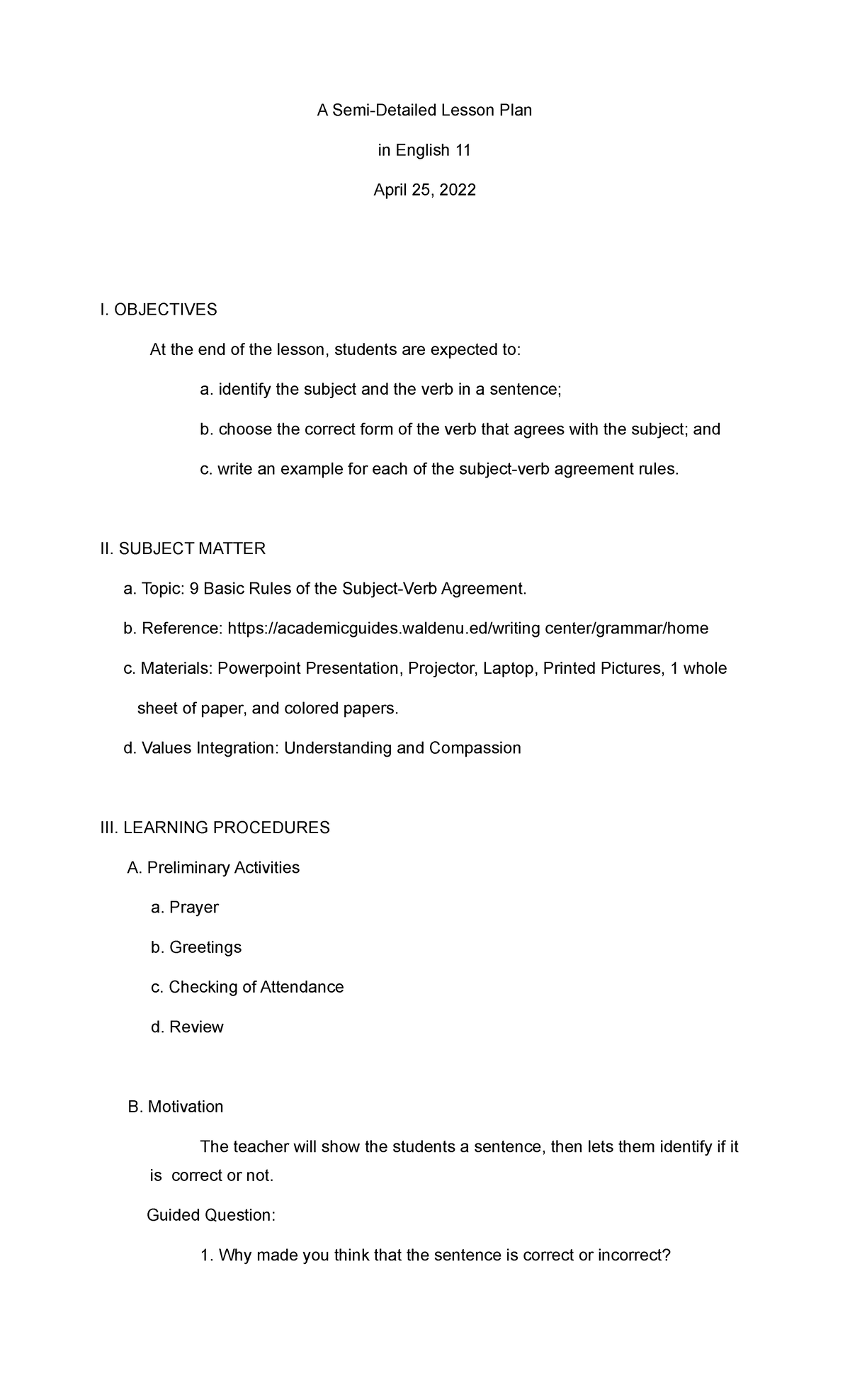 A Semi Detailed Lesson Plan SVA Rules Udi Esnaira A Lesson Plan In