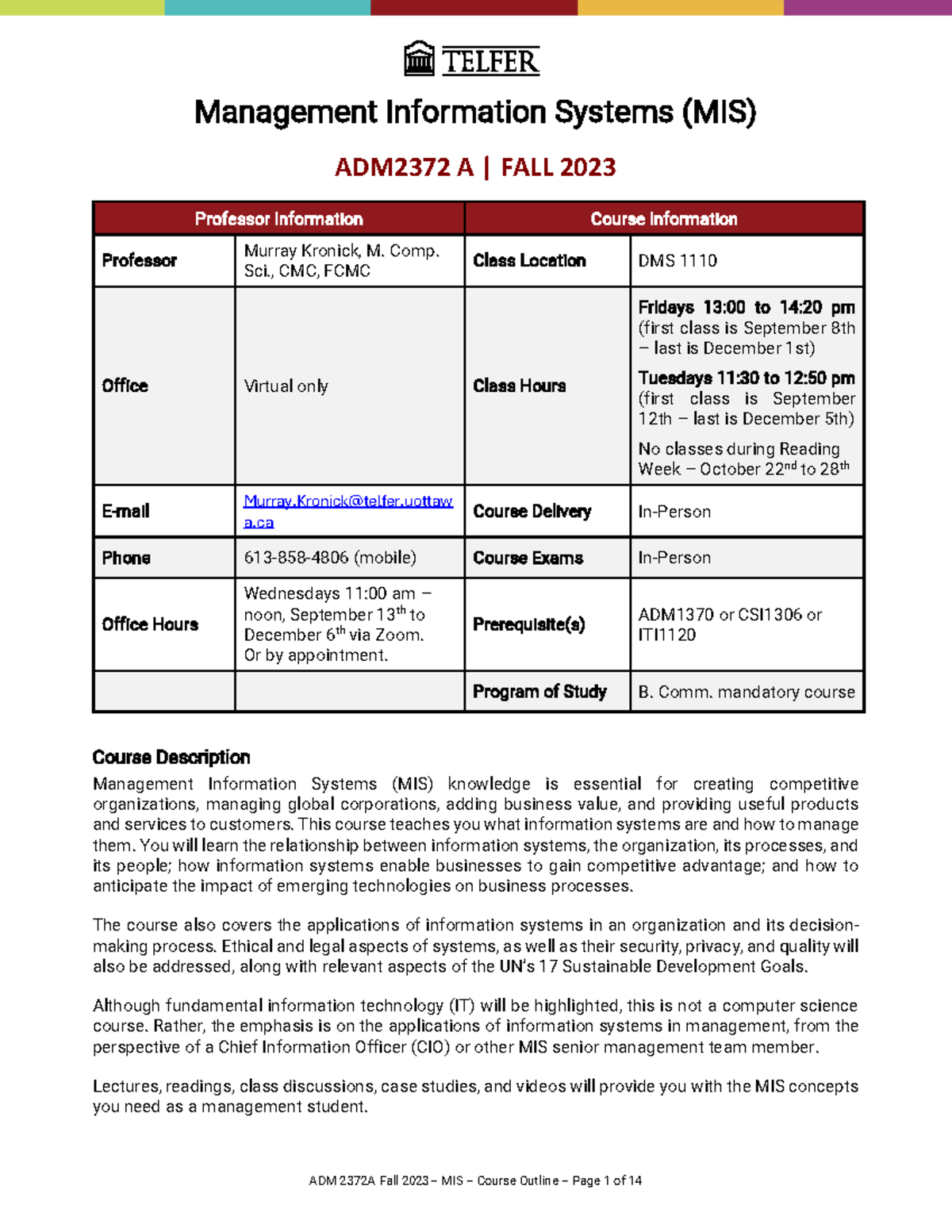 ADM2372A MIS - Course Syllabus - Fall 2023 - Final - Management ...