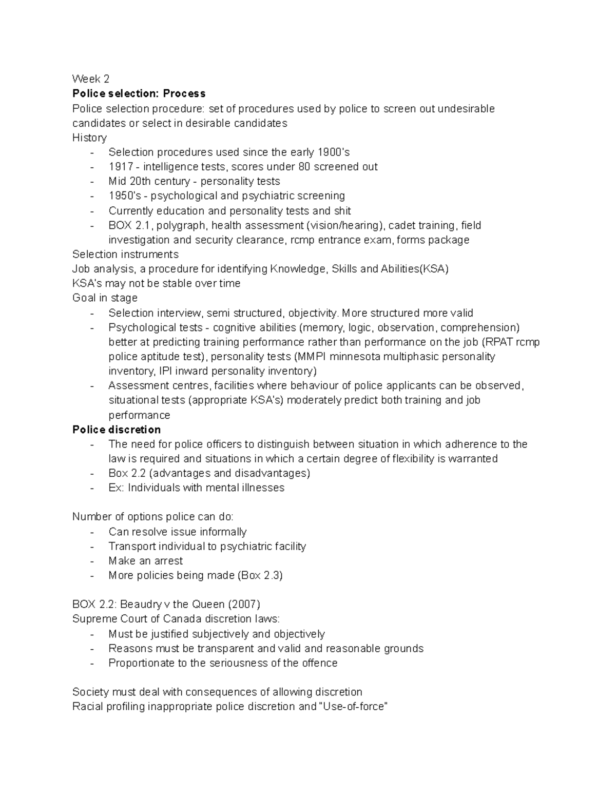Crime week 2 - lecture 2 notes - Week 2 Police selection: Process ...