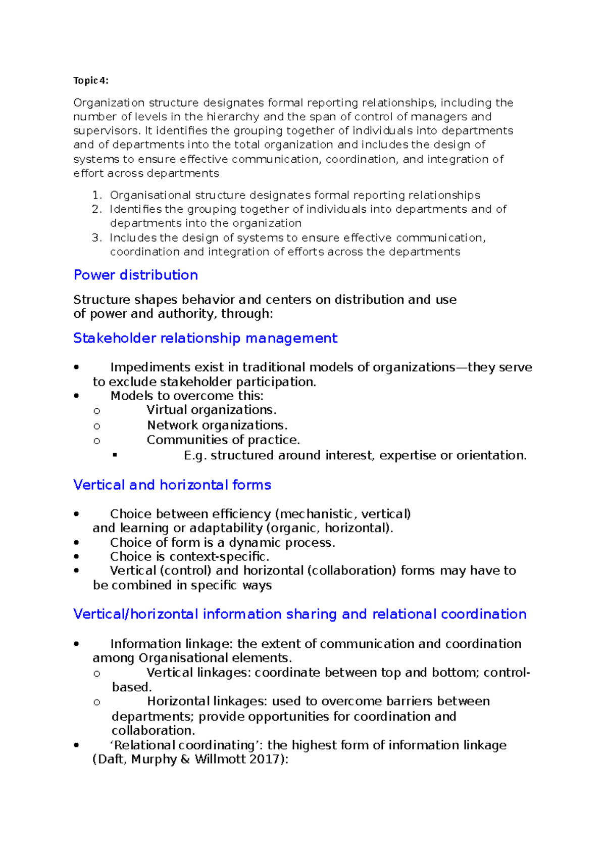 Topic 4 - Organisational design exam prep notes - Topic 4: Organization ...