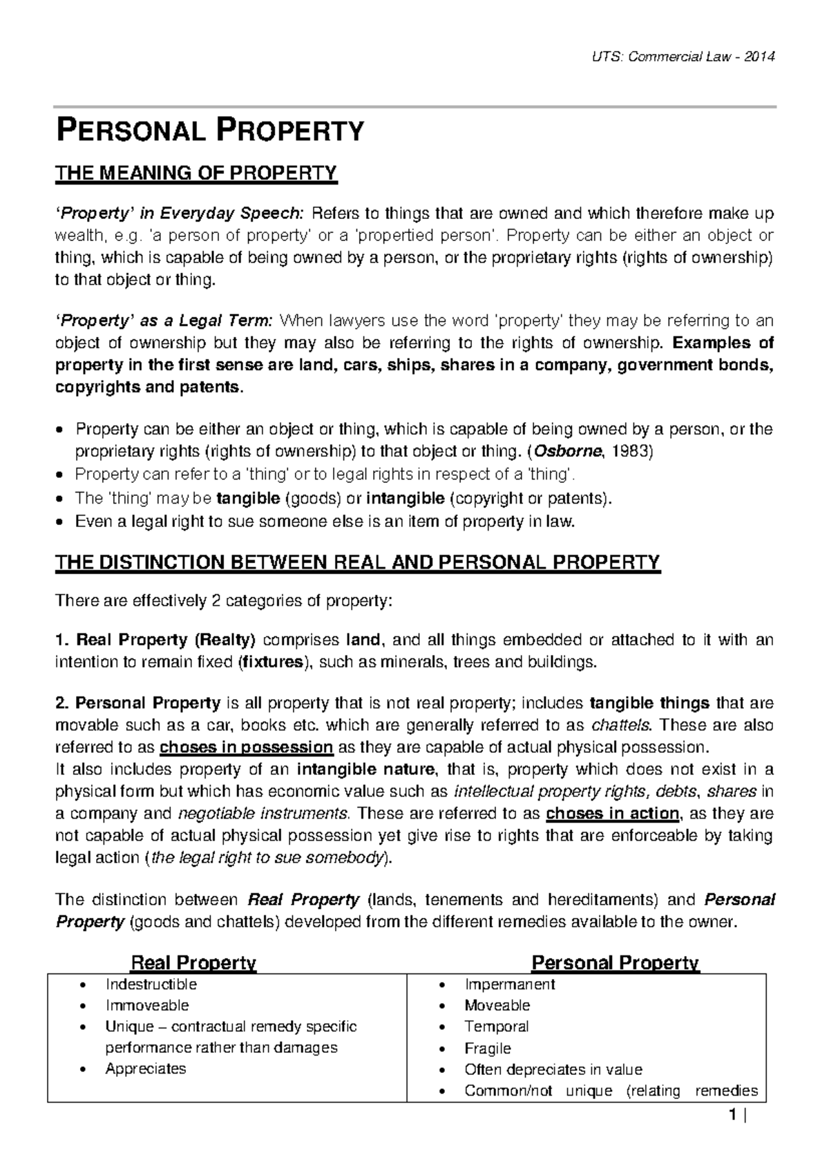 Module 1 Exam Cheat Sheet - PERSONAL PROPERTY THE MEANING OF PROPERTY ‘Property’ In Everyday ...