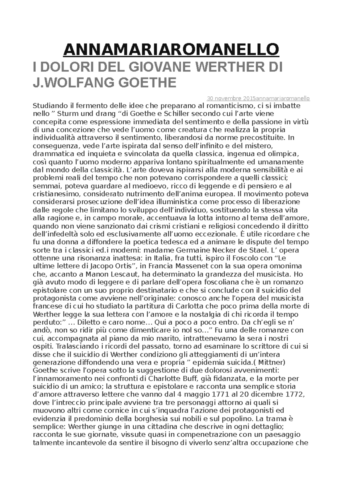 Romanello werther relazione sulla letteratura tedesca, periodo sturm