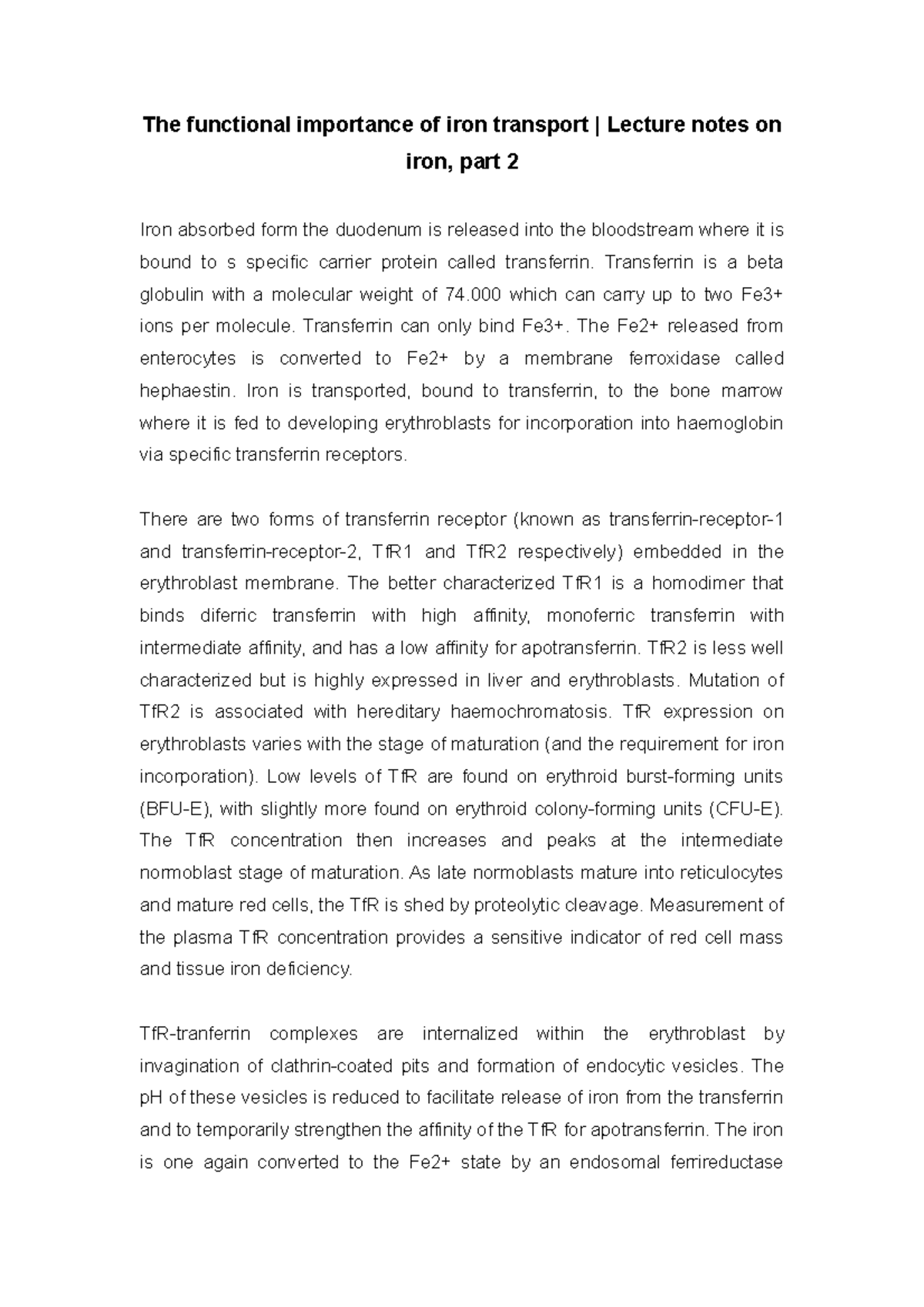 The functional importance of iron transport | Lecture notes on iron ...