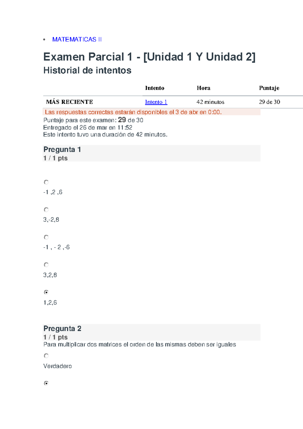 Exmen Parcial I Y II Matematicas II - MATEMATICAS II Examen Parcial 1 ...