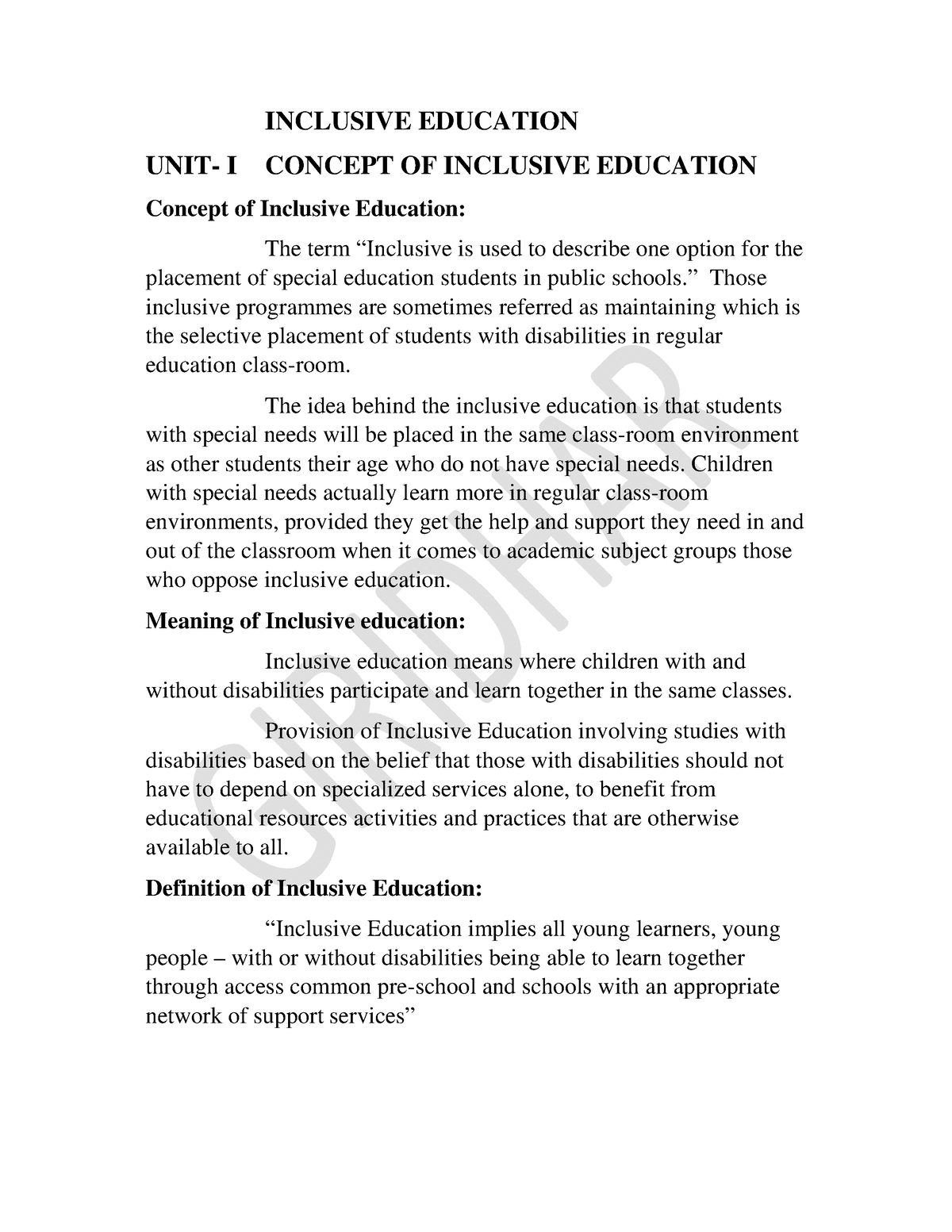 Inclusive Education - INCLUSIVE EDUCATION UNIT- I CONCEPT OF INCLUSIVE ...