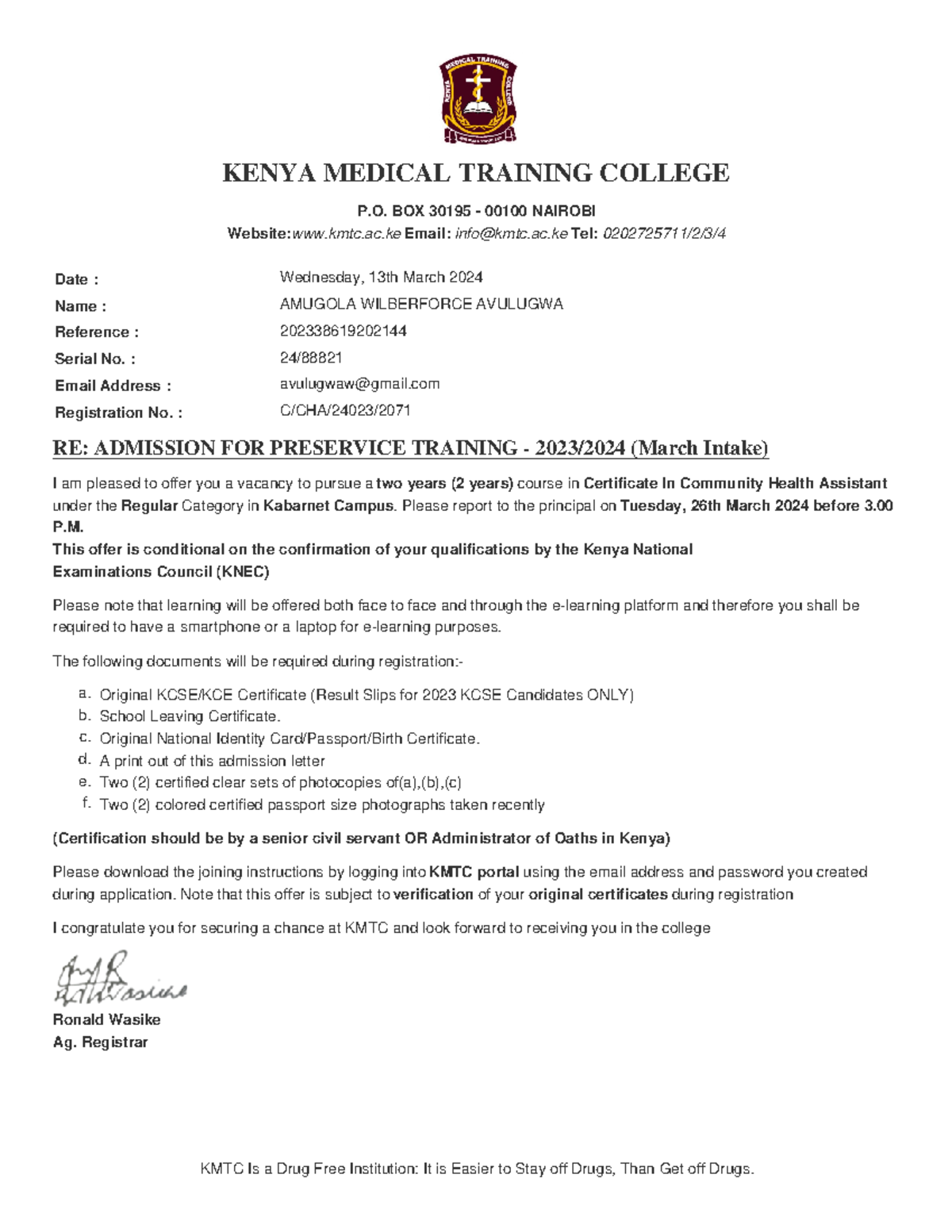 Avulugwaw@gmail - KENYA MEDICAL TRAINING COLLEGE P. BOX 30195 - 00100 ...