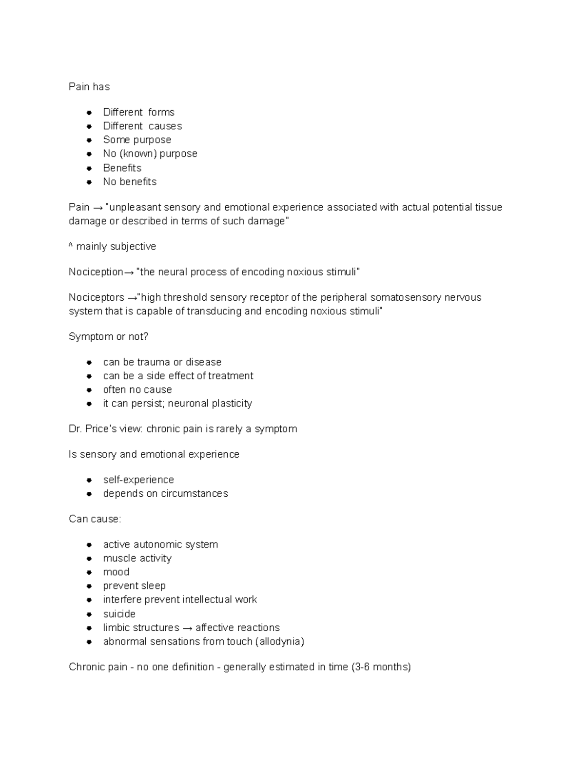 Intro to Pain - Prof Price's lecture notes summary - Pain has Different ...