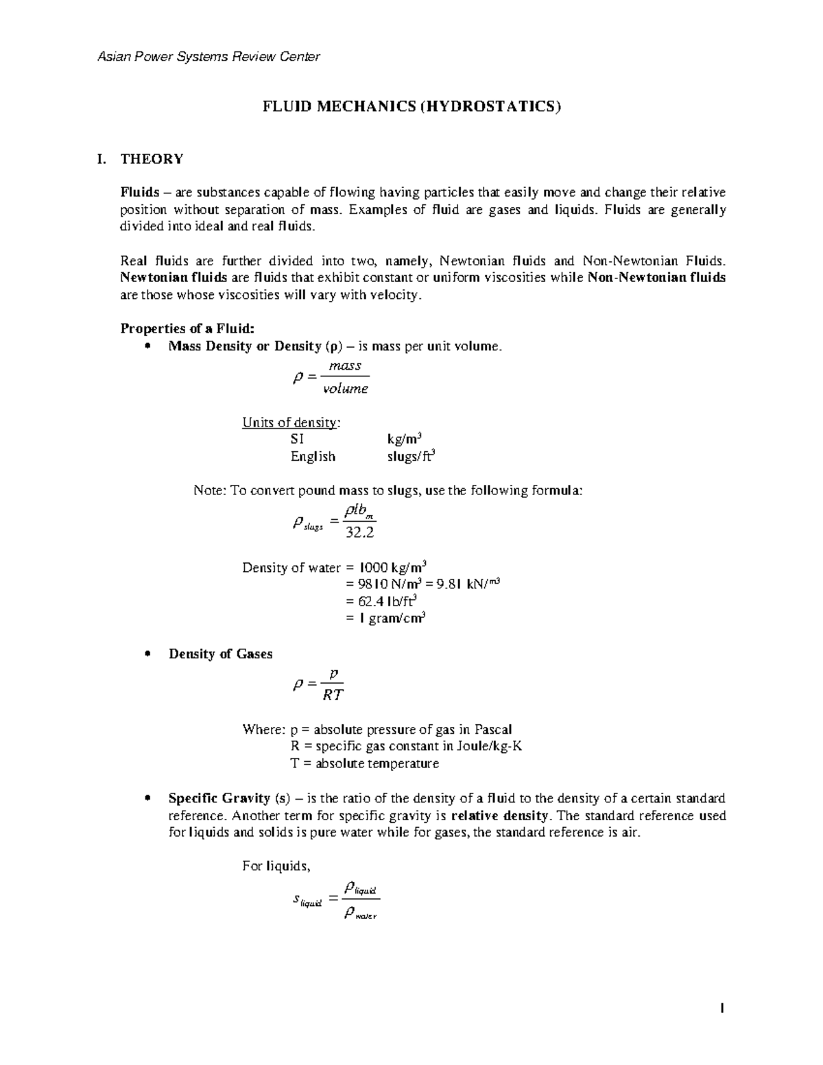 Toaz - Good - FLUID MECHANICS (HYDROSTATICS) I. THEORY Fluids – Are ...