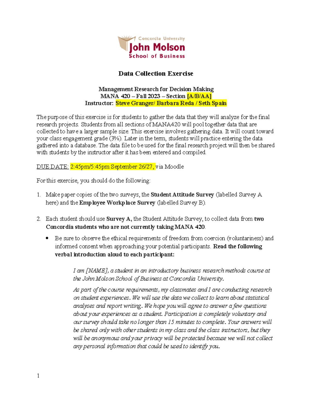 MANA 420 Data Collection Exercise F2023 - Data Collection Exercise ...