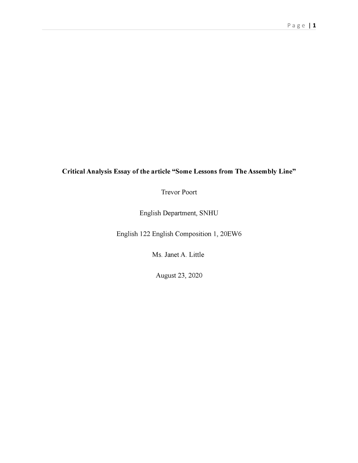 critical analysis essay cover page