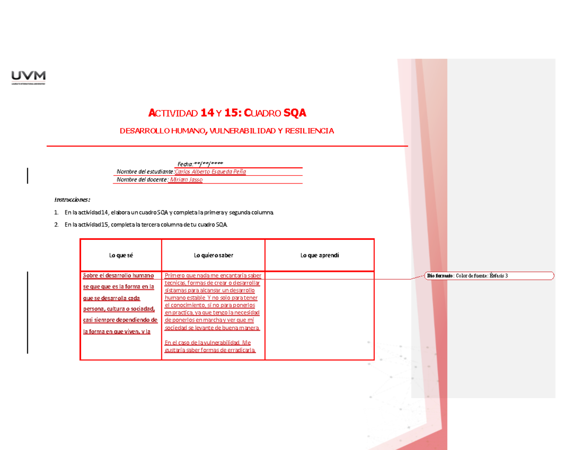 A14 CAEP - oijoinnkjn - ACTIVIDAD 14 Y 15: CUADRO SQA DESARROLLO HUMANO ...