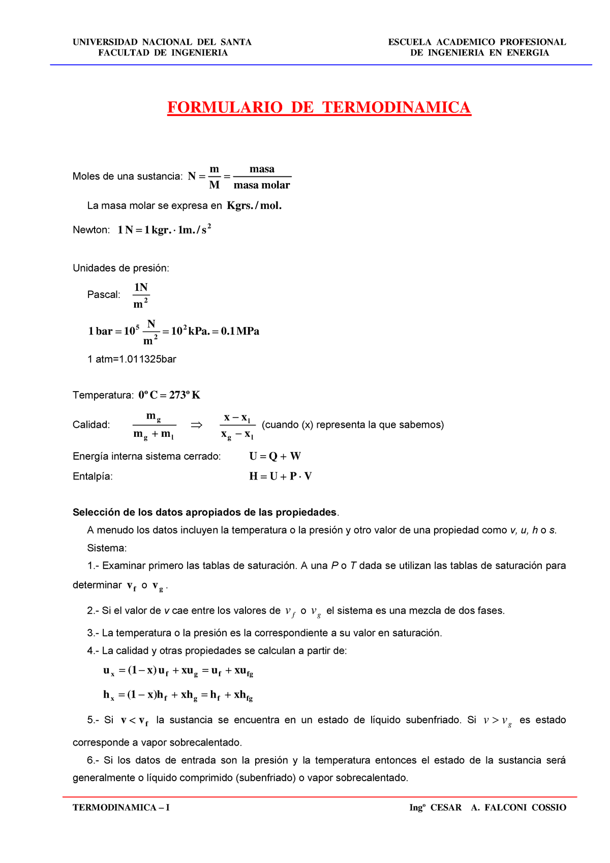 Formulario Termodinamica Doc - FACULTAD DE INGENIERIA DE INGENIERIA EN ...