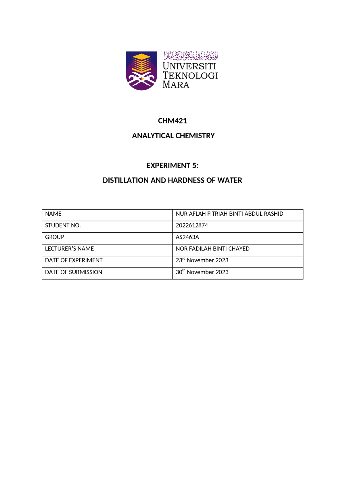 CHM421 Report 5 - Asdawsefe Arcgtwtrggergcrtg - CHM ANALYTICAL ...