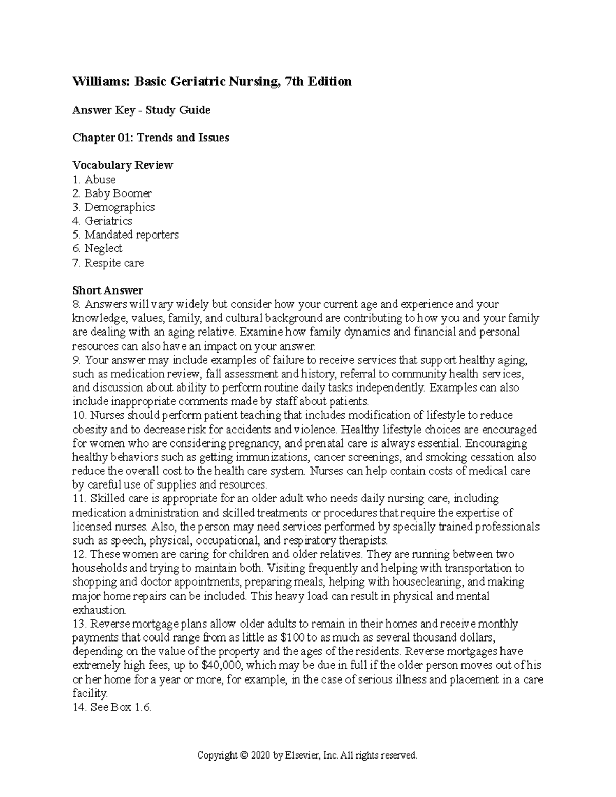 Geriatrics study guide keys Williams Basic Geriatric Nursing, 7th
