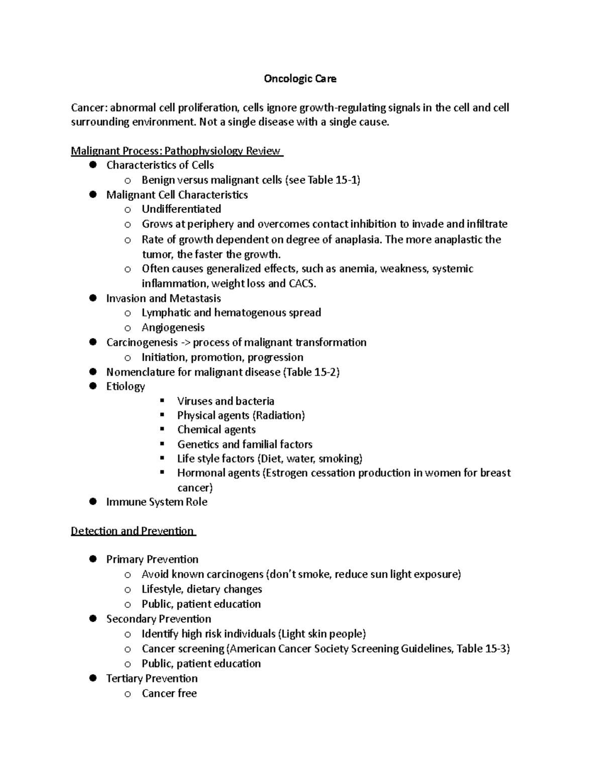 6- Oncologic Care - Notes taken in class - Oncologic Care Cancer ...