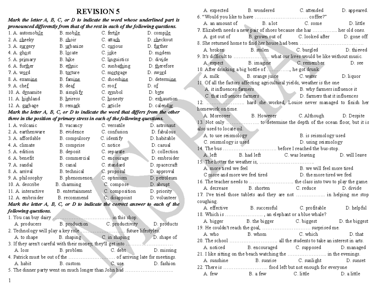 TONG ON 5 - Uuuuuuuuu - REVISION 5 Mark The Letter A, B, C, Or D To ...