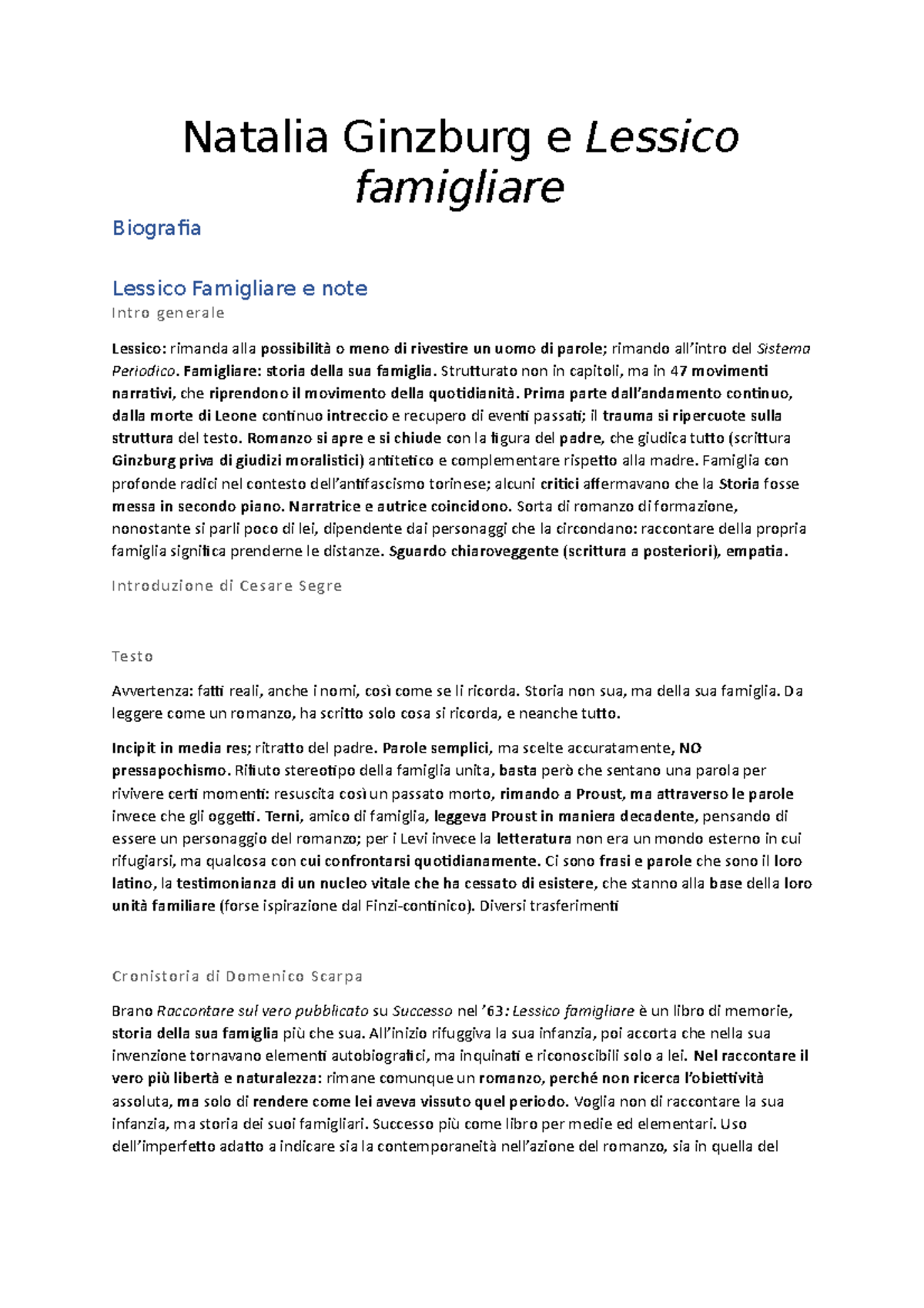 appunti Natalia Ginzburg e Lessico famigliare