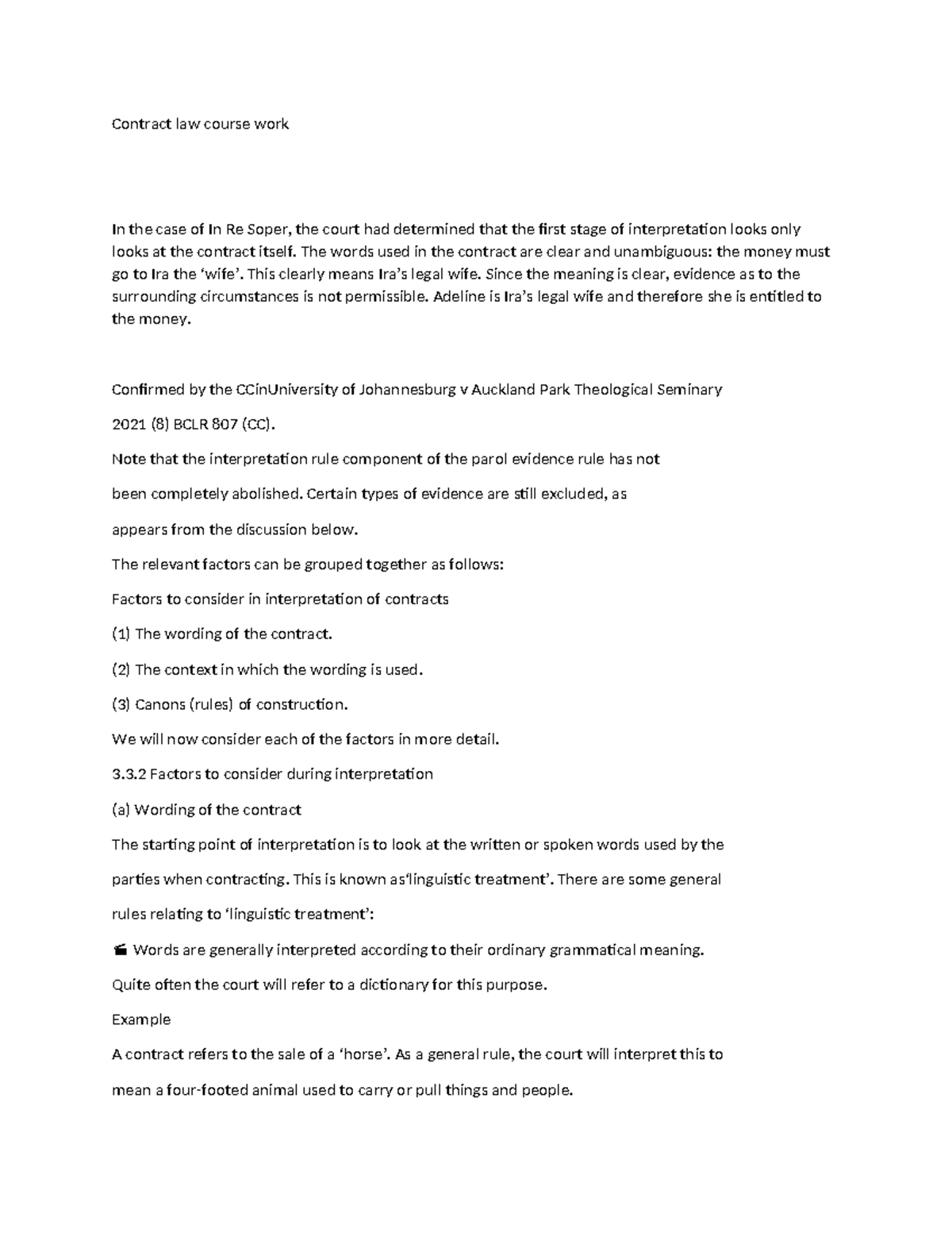 Contract law course work - The words used in the contract are clear and ...