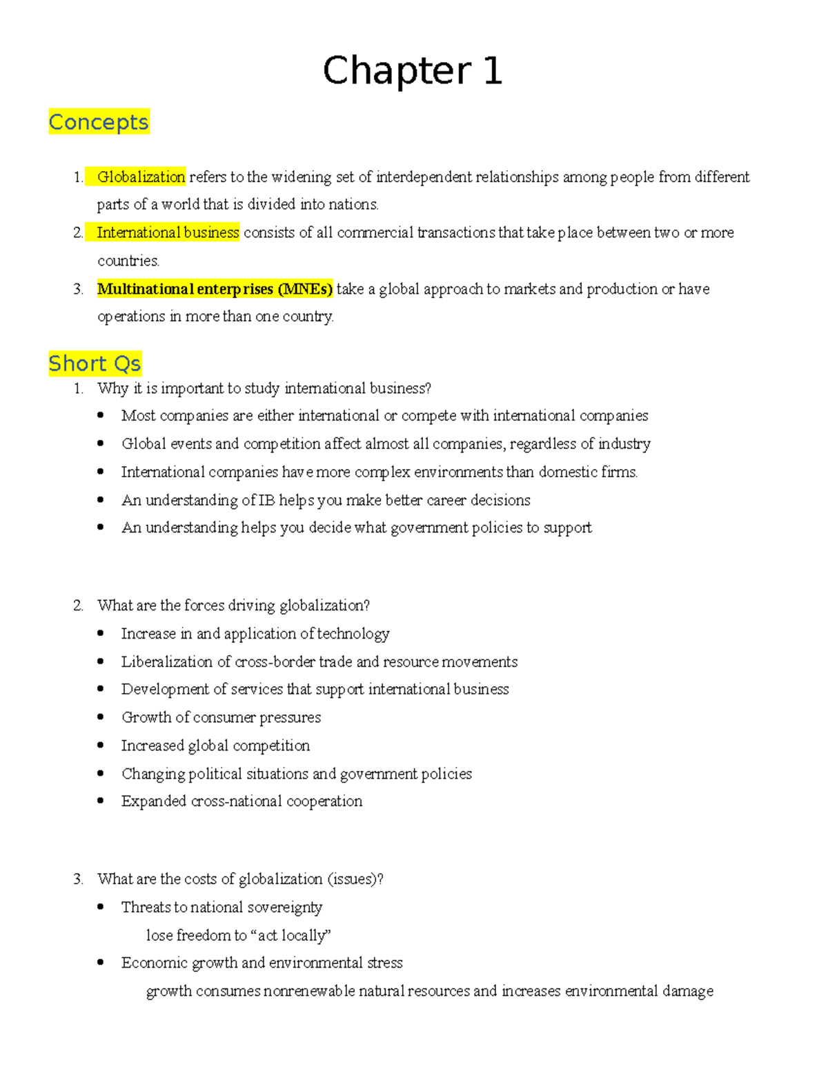 IB CH1 - summary - Chapter 1 Concepts Globalization refers to the ...