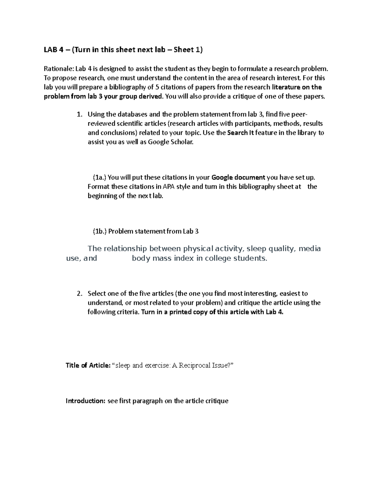 Kinesiology 310 Lab 4 submit - LAB 4 – (Turn in this sheet next lab ...