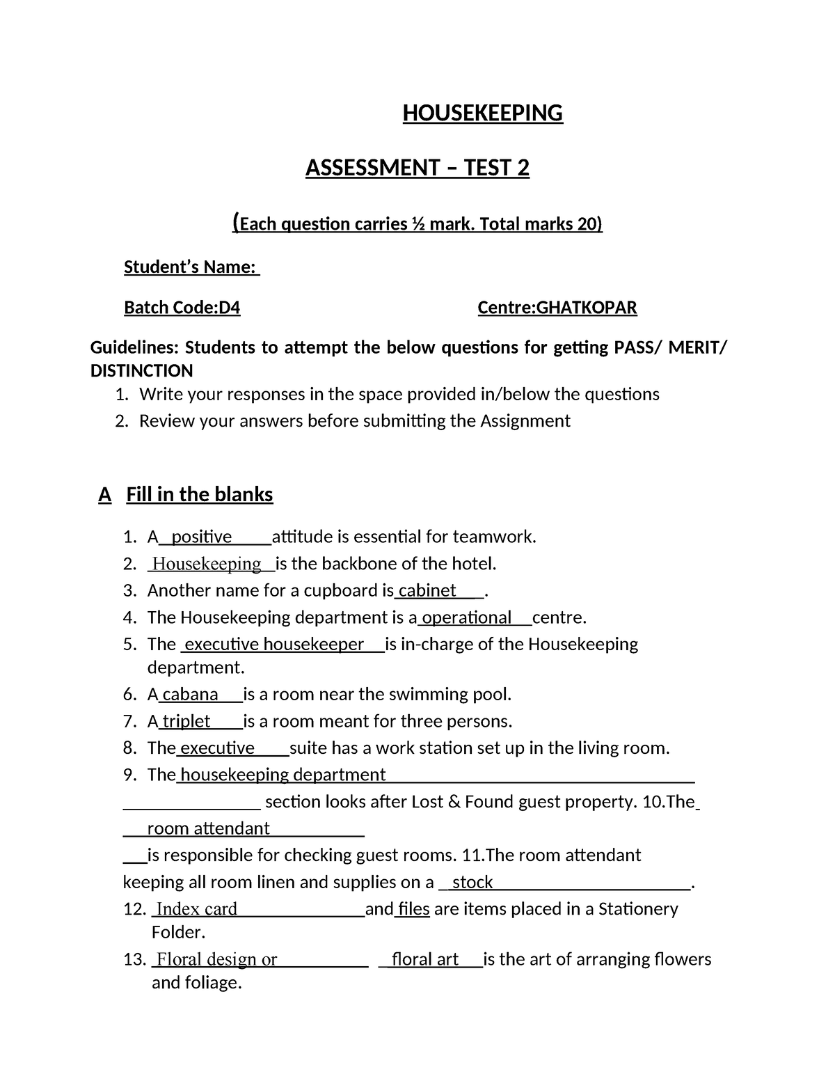 housekeeping assignment test