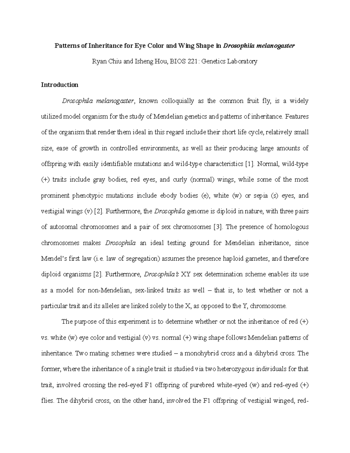 Drosophila Lab Report Patterns of Inheritance for Eye Color and Wing