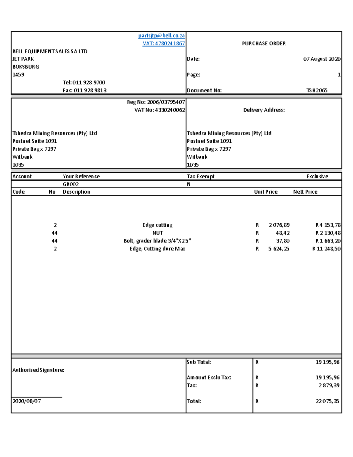 202008 07 - TSH2065 Bell Equip - BELL EQUIPMENT SALES SA LTD JET PARK ...