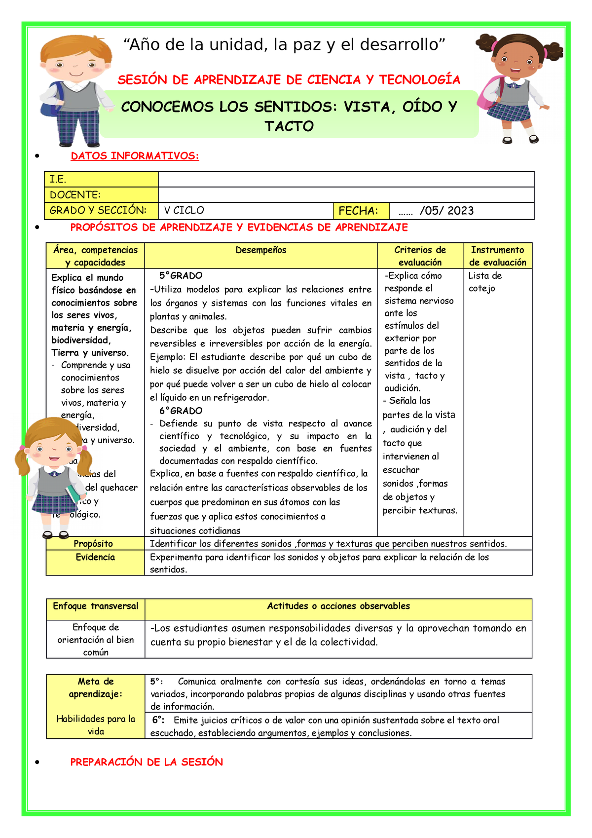 SES-JUEV-CYT- Conocemos LOS Sentidos Vista OÍDO Y Tacto - SESIÓN DE ...