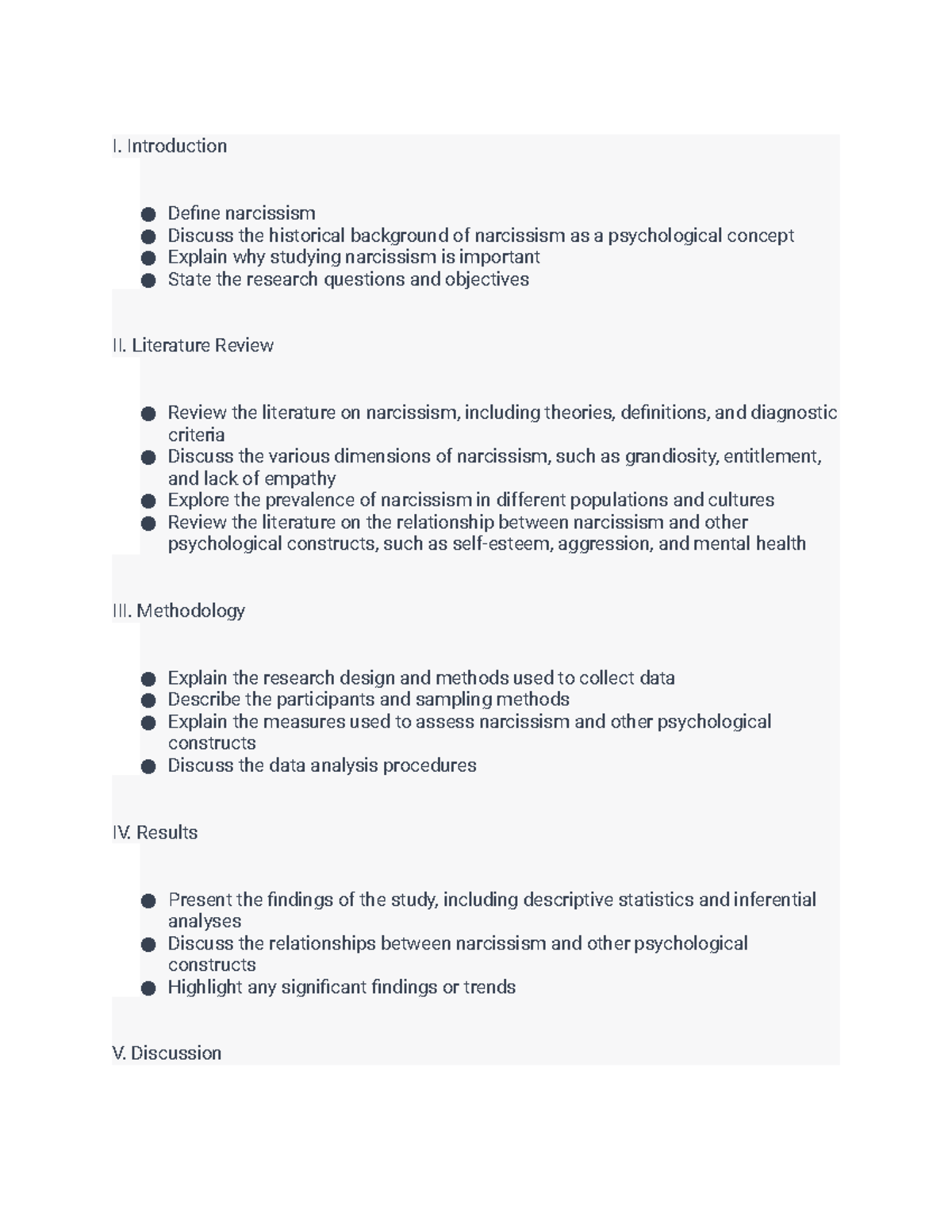 project report - Narcissism - I. Introduction Define narcissism Discuss ...